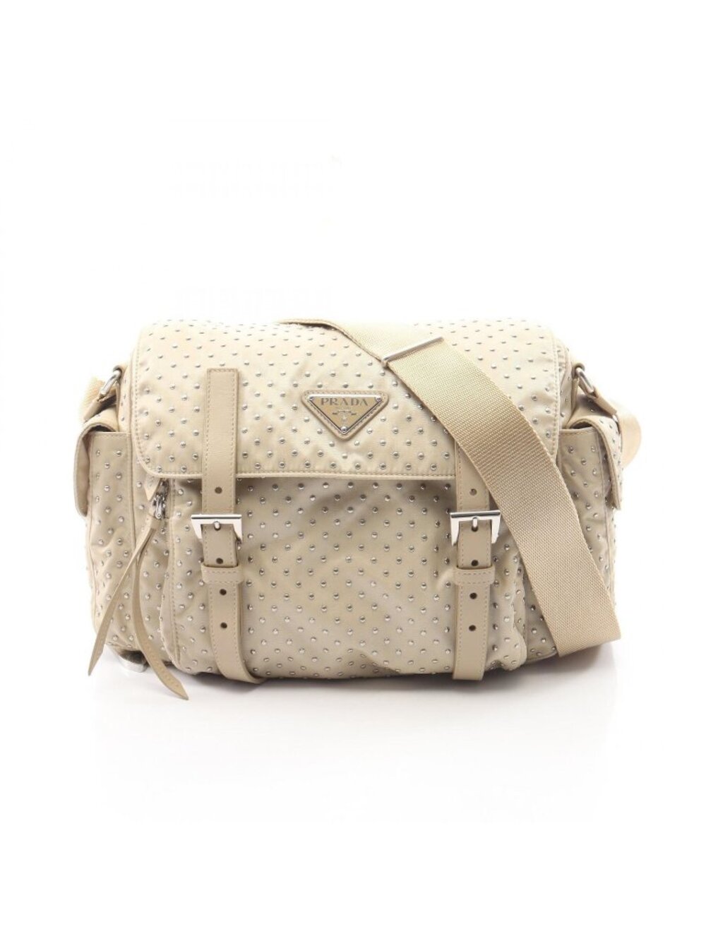 Prada Shoulder Bag Re-Nylon Studs Beige Nylon Leather Triangle Logo